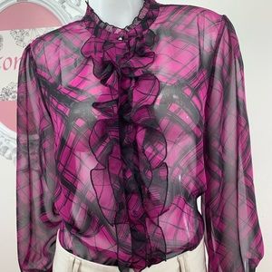 Dialogue / Ruffled Purple Black Button Up Blouse